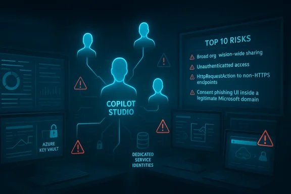 Futuristic holographic security dashboard highlighting Copilot Studio and top 10 risks.