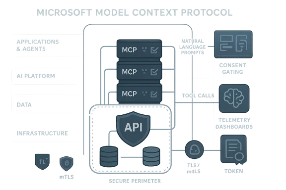 Diagram of Microsoft Model Context Protocol showing MCP blocks, API shield, and secure perimeter.