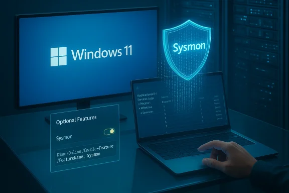 Windows 11 on a monitor with a glowing Sysmon shield and a laptop showing logs.