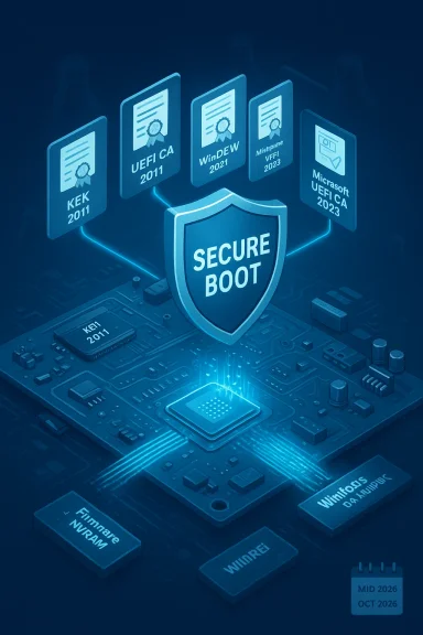 A glowing Secure Boot shield protects a motherboard with trusted certificate icons.