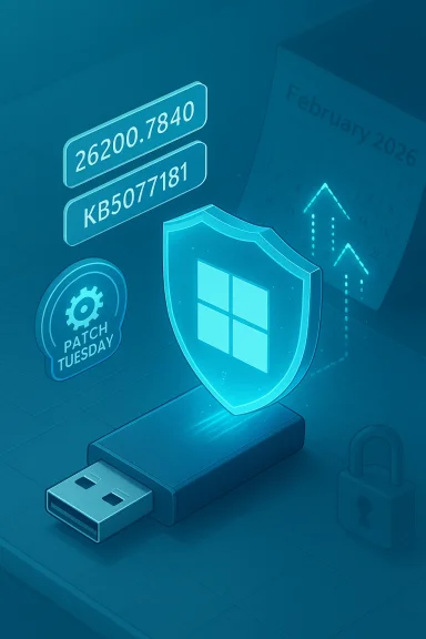A USB drive with a glowing Windows shield, patch Tuesday badge, security icons, and a calendar.