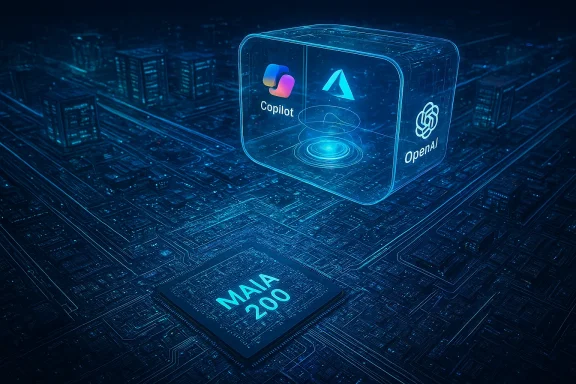 Futuristic blue circuit-board scene with a glass cube showing Copilot and OpenAI logos.
