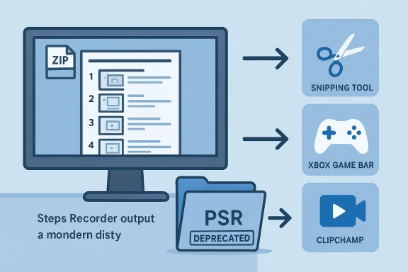 Diagram shows Steps Recorder output redirected to Snipping Tool, Xbox Game Bar, and Clipchamp.