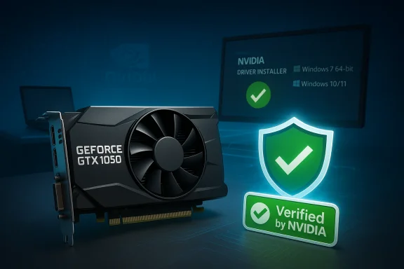 NVIDIA GeForce GTX 1050 graphics card with a Verified by NVIDIA badge.