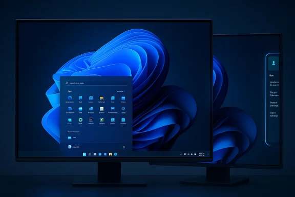 Dual-monitor setup displaying Windows 11 with a blue abstract wallpaper and an app grid.