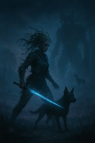 A moss-covered warrior with glowing blue sword and her dog confront a towering shadow demon in a moonlit forest.
