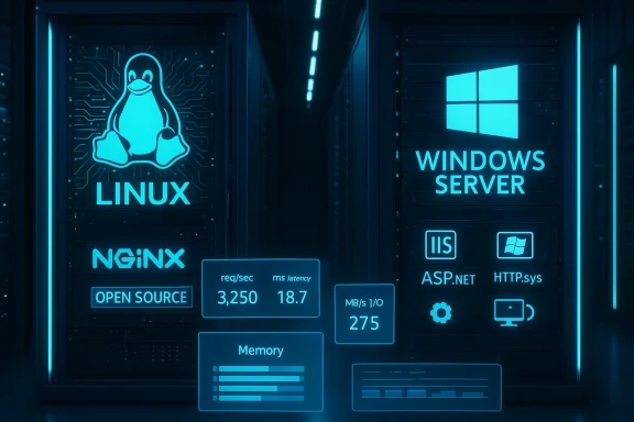 A neon-blue data center with Linux and Windows Server racks and glowing UI overlays.