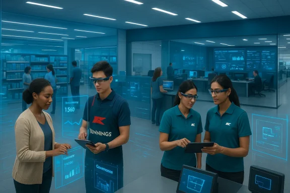 Staff in safety goggles guide a customer in a futuristic showroom with holographic displays.