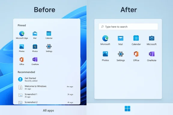 Before: Start menu with pinned apps; After: Start menu with search bar and icon grid.