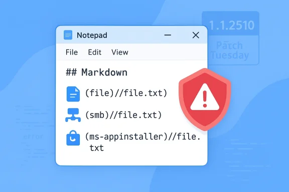 A Notepad window displays Markdown examples with file path variants and a red warning shield.