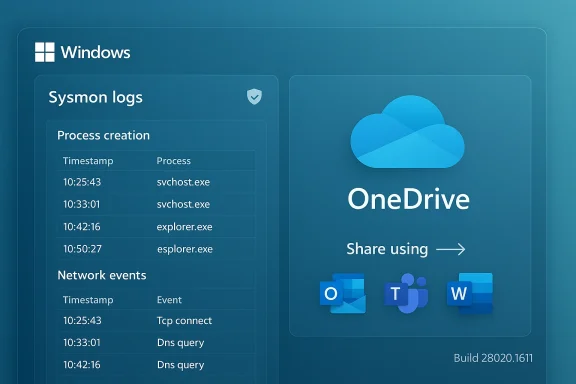 Windows UI dashboard showing Sysmon logs on the left and a OneDrive sharing panel on the right.