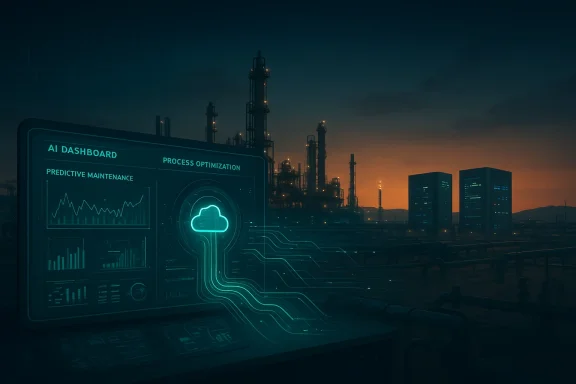 AI dashboard overlay on an industrial plant at dusk, showing process optimization and predictive maintenance.