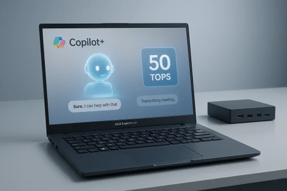 A laptop screen shows Copilot+ with a glowing AI avatar and a 50 TOPS badge for transcribing a meeting.