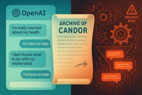 OpenAI chat bubbles on the left meet the Archive of Candor in the center, against a privacy-risk tech backdrop.