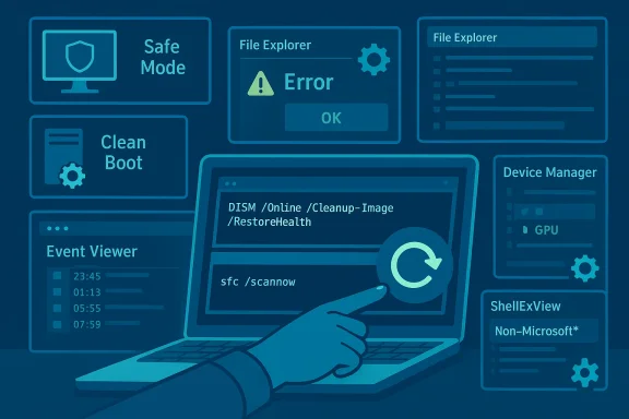 A hand uses Windows repair commands (DISM/SFC) on a laptop amid system tool panels.