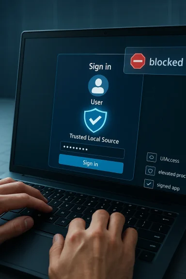 Laptop screen shows a sign-in panel with user avatar, password field, and a “blocked” notification.