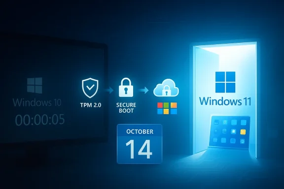 Windows 10 to Windows 11 upgrade path shown via TPM 2.0 and Secure Boot, Oct 14.