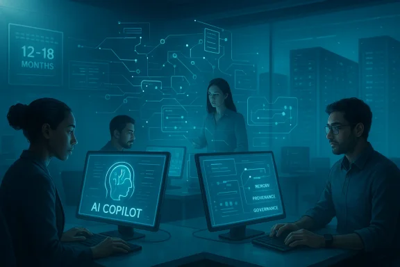 A team in a high-tech control room works on AI copilots amid holographic circuit overlays.