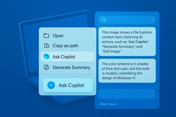 3D UI showing a File Explorer menu with AI actions like Ask Copilot and Generate Summary.
