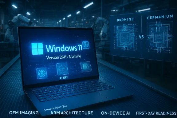 Windows 11 laptop on a blue-toned factory floor, highlighting AI on-device and ARM architecture.