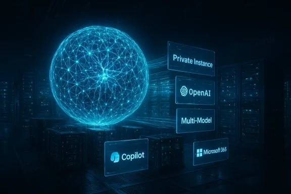 Blue neon neural-network sphere floats above data-center racks with AI branding.