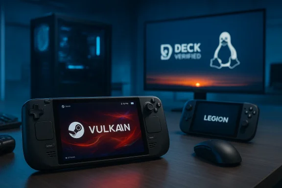 Two handheld gaming consoles on a desk, Vulkan left and Legion right, with a Deck Verified screen in the background.