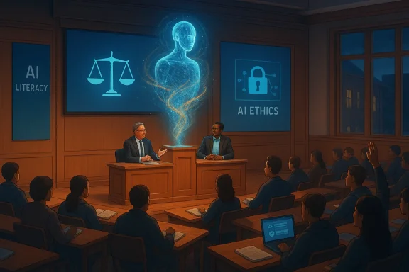 Two presenters discuss AI literacy and AI ethics to a classroom audience.