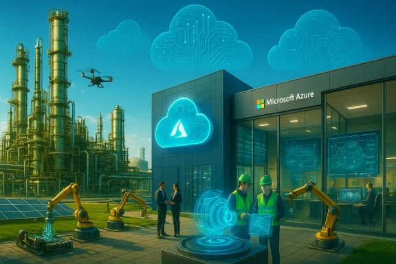 Microsoft Azure data center beside an industrial refinery, featuring drones, robotic arms, and holographic clouds.