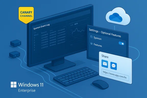 Windows 11 Enterprise with Canary Channel badge, cloud icon, and settings/share panels.