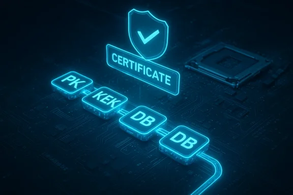 Blue neon circuit board with a glowing certificate shield and PKI blocks labeled PK, KEK, DB.