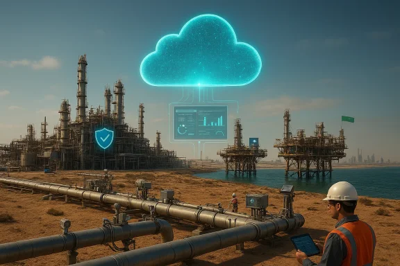 Oil refinery with glowing blue cloud and holographic dashboard, a worker monitors on-site.