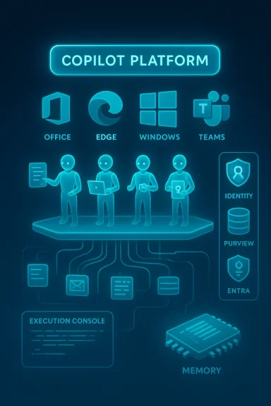 Neon blueprint of Copilot Platform with app icons and identity/security modules.