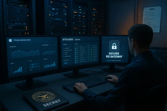 IT technician monitors secure server dashboards on a triple-monitor setup in a data center.