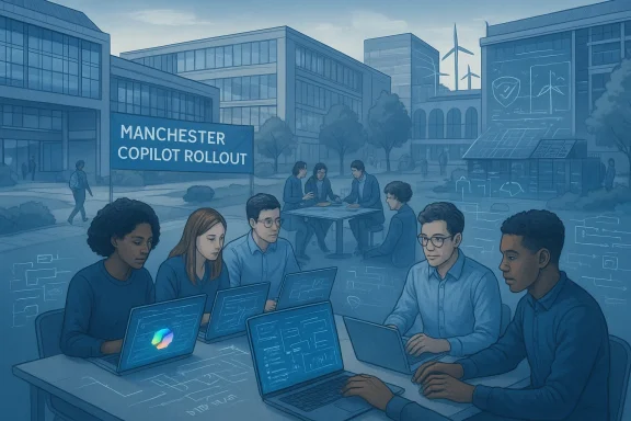 Students work on laptops outdoors as a Manchester Copilot rollout banner looms.