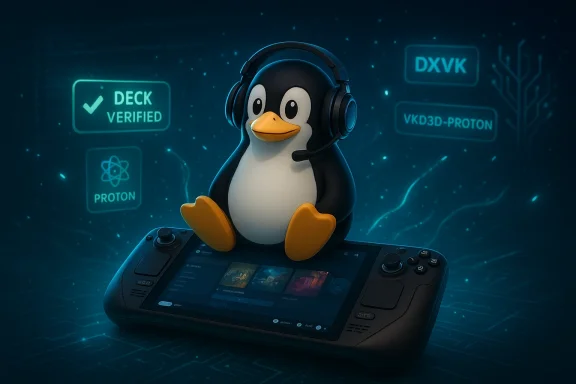 Penguin mascot with headphones sits on a handheld game console, surrounded by glowing tech icons.