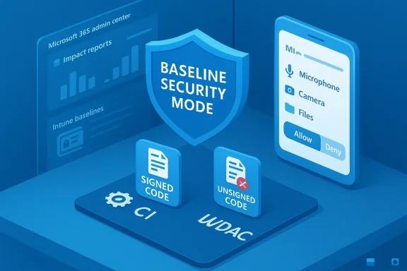 Blue 3D illustration of Baseline Security Mode with signed vs unsigned code and app permissions.