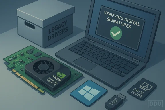 A computer setup with a GPU, a “Legacy Drivers” box, and a laptop showing “Verifying Digital Signatures.”