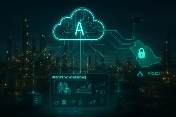 Neon AI cloud with circuit lines guides predictive maintenance at an oil refinery.