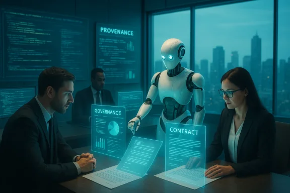 A humanoid robot presents a holographic contract to two professionals in a high-tech boardroom. A humanoid robot presents a holographic contract to two professionals in a high-tech boardroom.