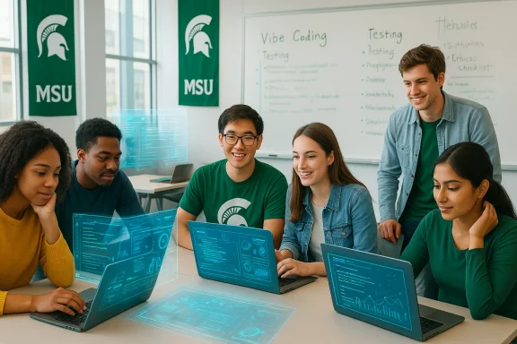 A diverse group of students collaborates on laptops in a classroom, with holographic displays and MSU banners.