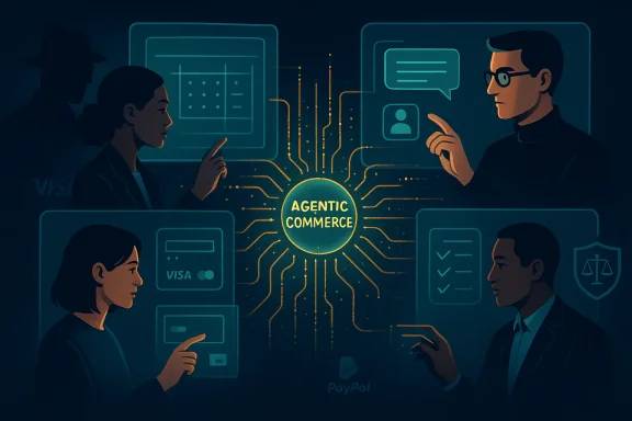 A futuristic AI-powered commerce network: diverse agents connected through digital circuits.