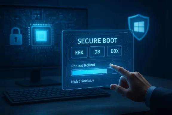 A finger taps a holographic Secure Boot screen showing KEK, DB, DBX.
