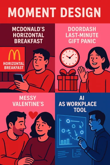 A bright Moment Design poster showing four scenes: breakfast, gift panic, Valentine's, and AI at work.
