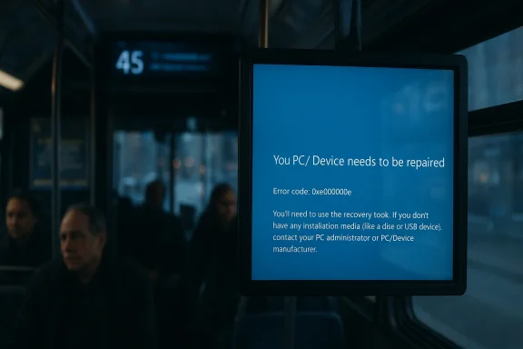 Blue Windows error screen on a bus monitor: 'You PC/Device needs to be repaired'.