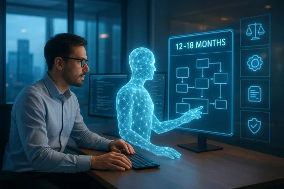 A man at a desk interacts with a blue holographic figure showing a 12-18 months workflow.