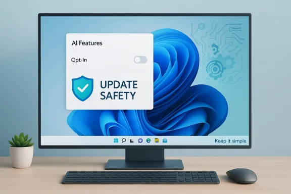 A computer monitor displays an AI features update prompt with an opt-in toggle.