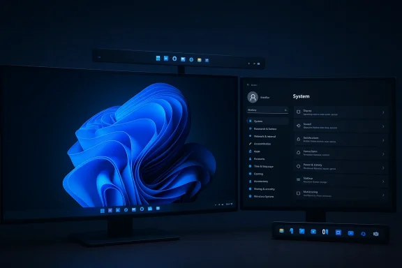 A dual-monitor Windows desktop with a blue abstract wallpaper and a sleek control bar.
