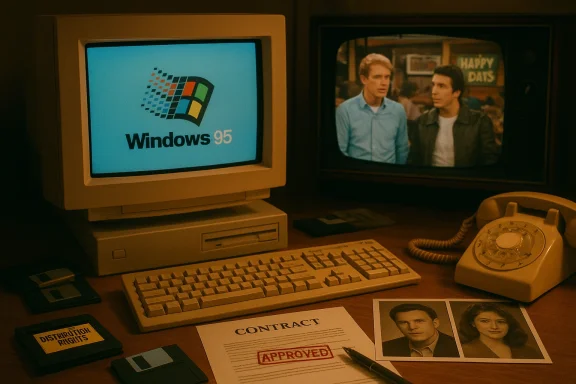 A retro Windows 95 desktop on a cluttered desk with photos, an approved contract, and a rotary phone.