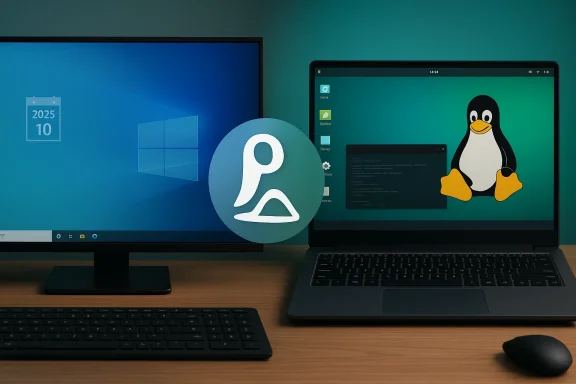 Dual-monitor setup with Windows on the left, Linux (Tux) on the right, and a large circular logo centered between.