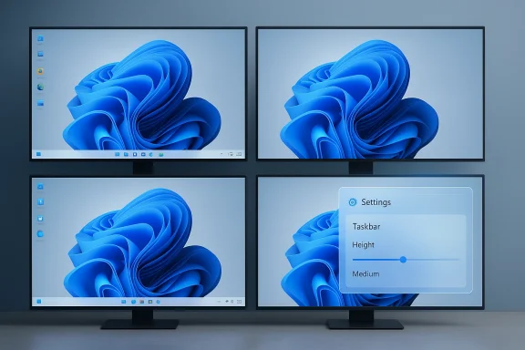 Quad monitor setup showing Windows 11 desktops, with a Settings panel on the bottom-right screen.